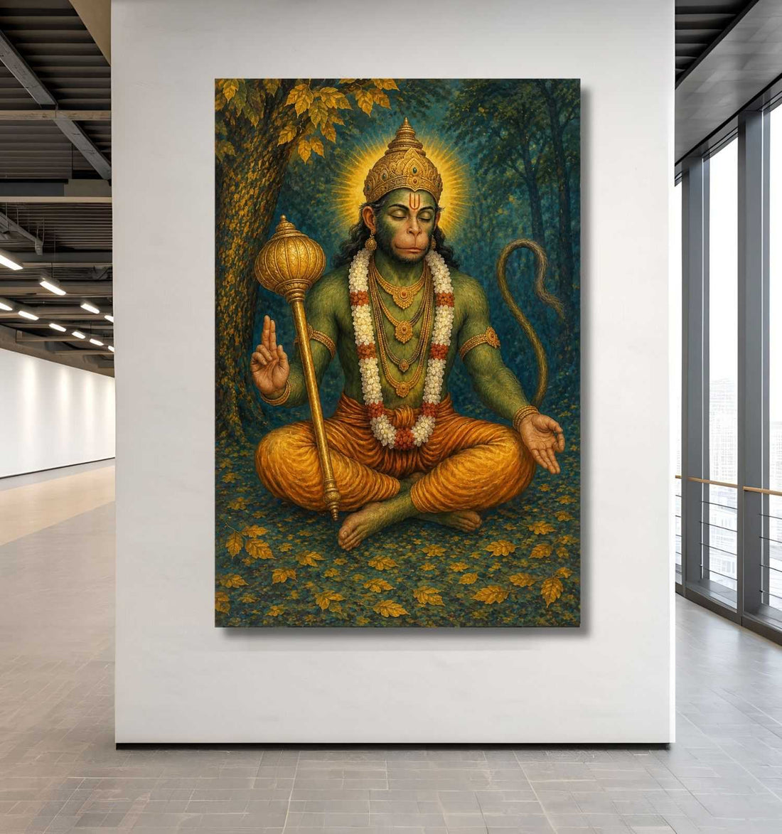 Hanuman Canvas Painting | Peaceful Lord Hanuman Painting in Meditation Pose with Oil Texture | Divine Spiritual Wall Art