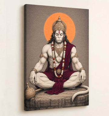 Hanuman Painting For Wall | Lord Hanuman Canvas Art in Meditation with “राम” Script | Red Toned Hanuman Oil Painting for Spiritual Home Decor by KunjCart