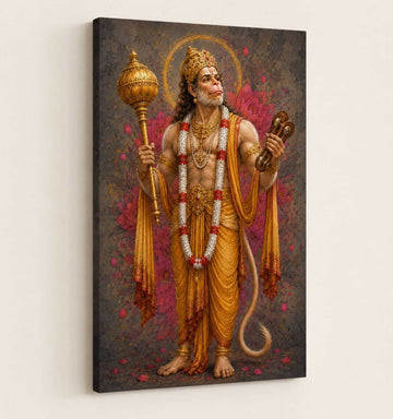Hanuman Painting For Wall in Divine Meditation Pose | Lord Hanuman Canvas Art with Gada, Red Dhoti & Om Symbol | Hanuman Oil Painting with Bright HD Colors