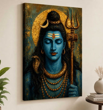 Lord Shiva Wall Painting on Canvas | Elegant Abstract Art in Deep Blue & Golden Tones with Trishul, Crescent Moon & Rudraksha