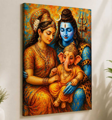 Shiva Parvati Painting with Baby Ganesha | Paintings of Lord Shiva and Parvati for Wall Decoration | Divine Mahadev Canvas Art in Bright HD Finish by KunjCart