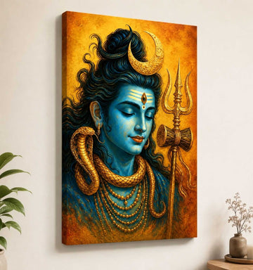 Lord Shiva Painting on Canvas | Mahadev Wall Painting with Crescent Moon, Trishul & Snake | Abstract Spiritual Poster for Home Decor