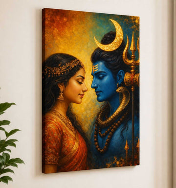 Shiva Parvati Painting on HD Canvas | Paintings of Lord Shiva and Parvati for Home Wall Decor | Mahadev Wall Art | Handmade Look