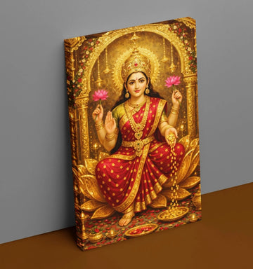 Goddess Lakshmi Paintings on Canvas | Lakshmi Maa Painting with Gold Coins, Lotus Flowers & Traditional Temple Arch