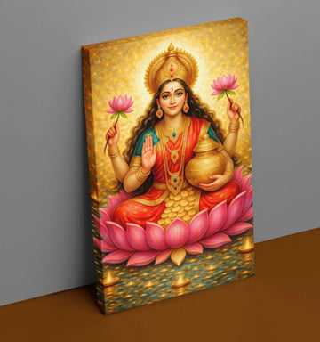 Kunj Cart – Goddess Lakshmi Paintings on Premium Canvas | Beautiful Lakshmi Devi Photo Frames with Lotus, Golden Pot & Coins | Maa Lakshmi Photo Wall Art for Home Decor by KunjCart