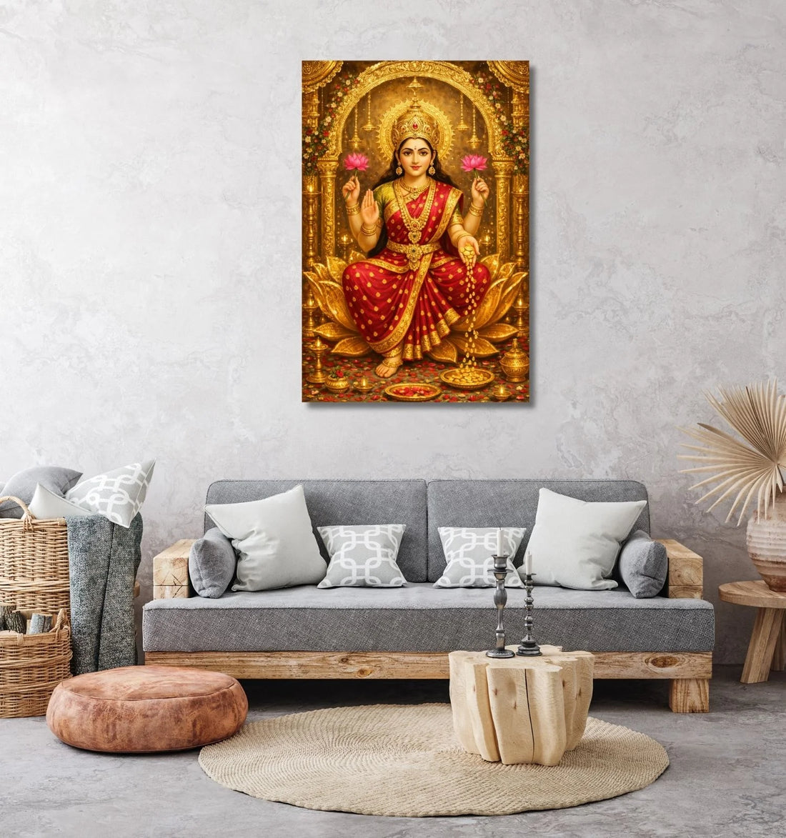 Goddess Lakshmi Paintings on Canvas | Lakshmi Maa Painting with Gold Coins, Lotus Flowers & Traditional Temple Arch