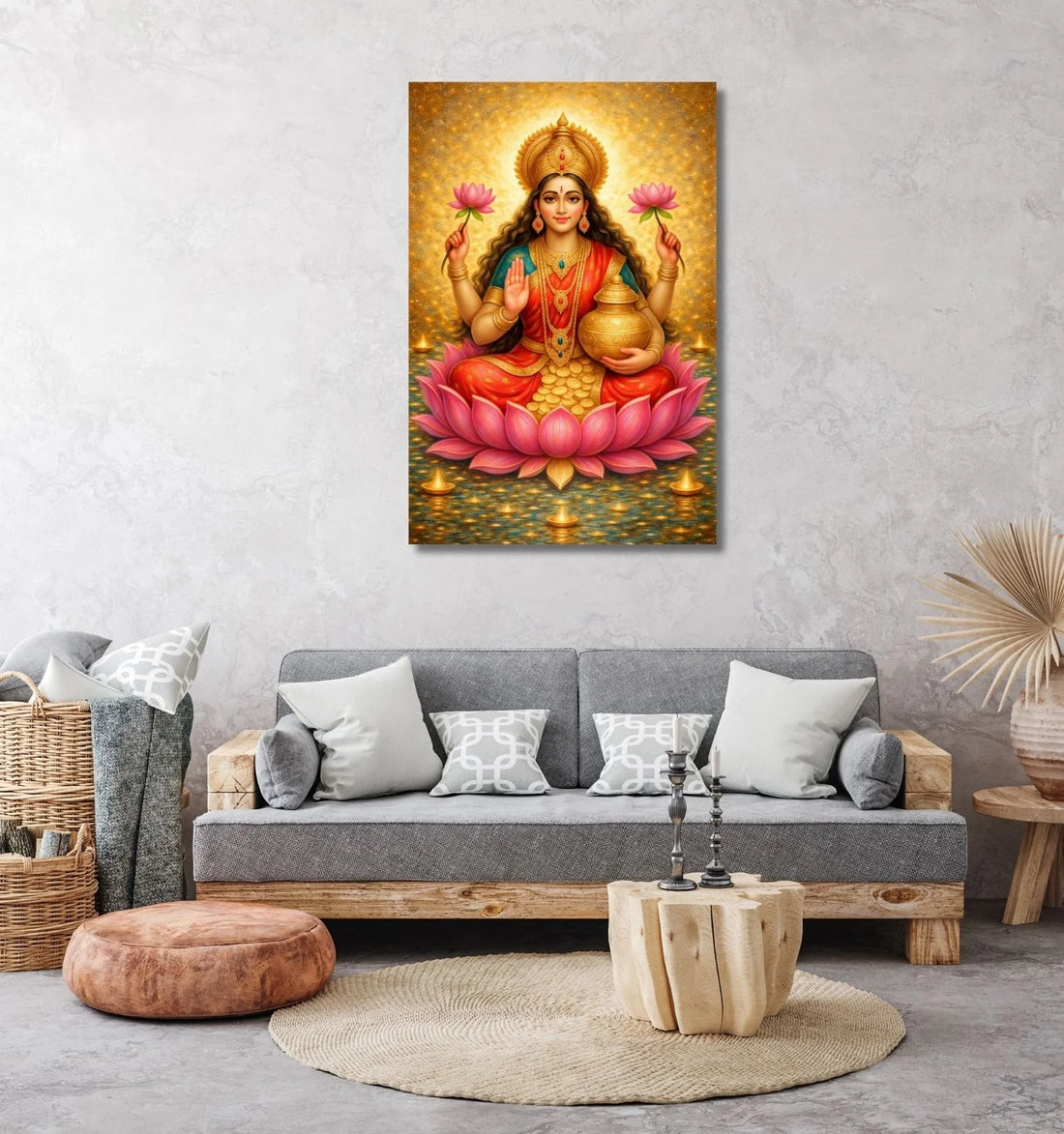 Kunj Cart – Goddess Lakshmi Paintings on Premium Canvas | Beautiful Lakshmi Devi Photo Frames with Lotus, Golden Pot & Coins | Maa Lakshmi Photo Wall Art for Home Decor by KunjCart