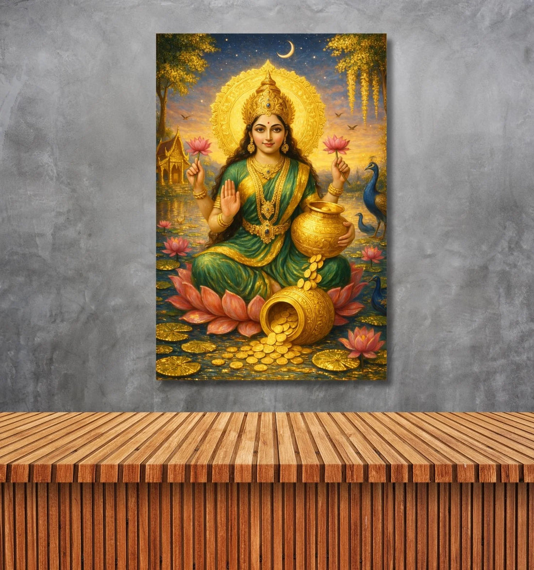 Lakshmi Maa Painting on HD Canvas | Sunset Theme with Gold Coins, Lotus & Temple Background | Goddess Lakshmi Paintings