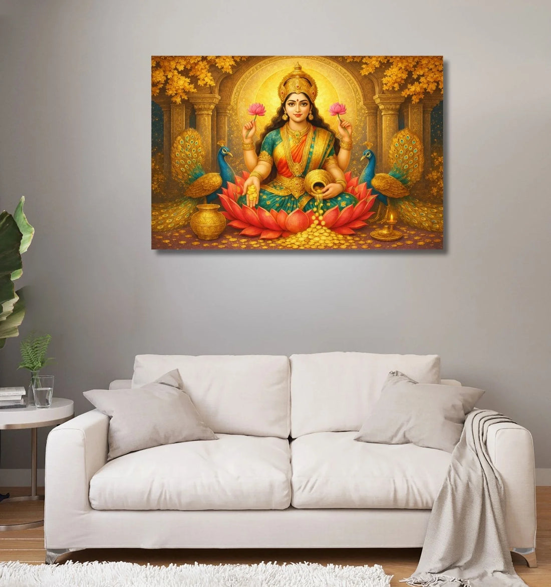 Kunj Cart – Goddess Lakshmi Paintings on Premium Canvas | Divine Lakshmi Devi Photo Frames with Lotus, Peacocks & Golden Coins | Maa Lakshmi Photo Wall Art for Home Decor by KunjCart