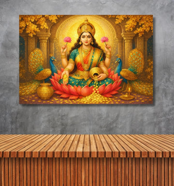 Kunj Cart – Goddess Lakshmi Paintings on Premium Canvas | Divine Lakshmi Devi Photo Frames with Lotus, Peacocks & Golden Coins | Maa Lakshmi Photo Wall Art for Home Decor by KunjCart