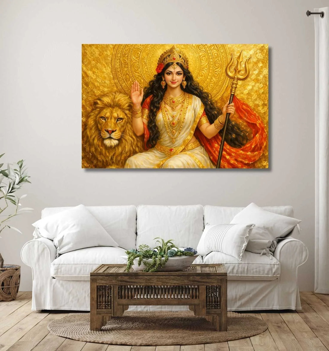 Maa Durga Abstract Painting | White Saree Durga Maa Painting with Lion & Golden Aura