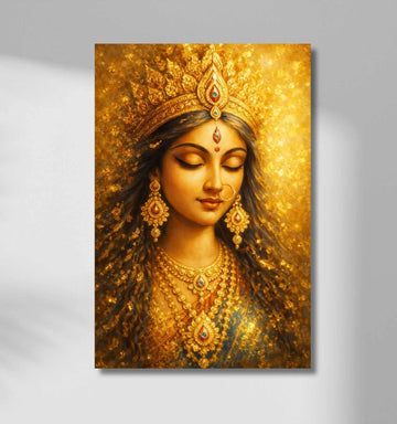 Maa Durga Painting | Abstract Maa Durga Painting on Canvas in Golden Yellow & Deep Blue Tones, Peaceful Expression, HD Quality Wall Art for Spiritual Home Décor