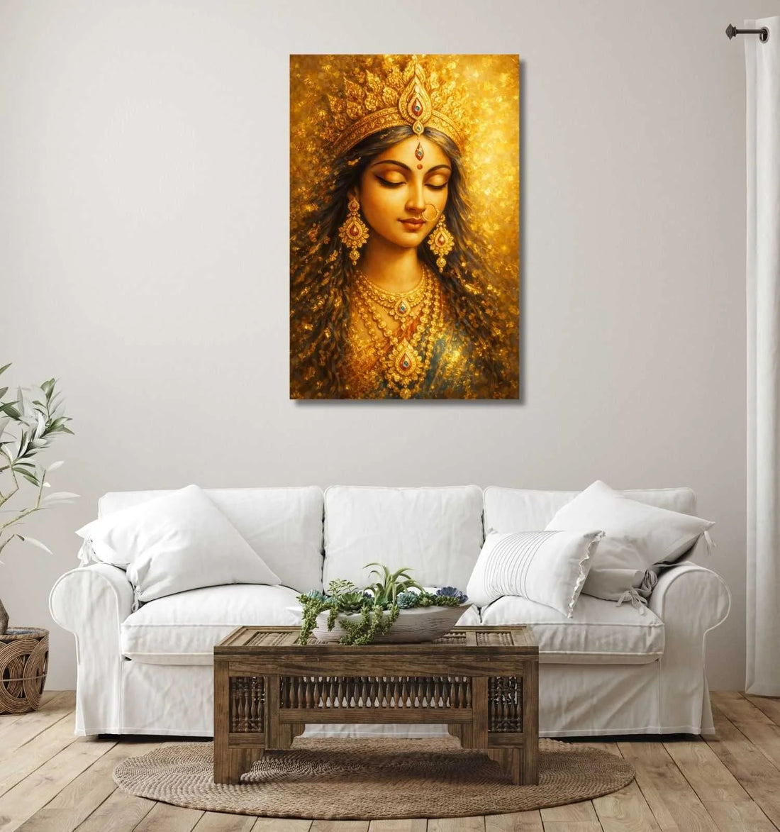 Maa Durga Painting | Abstract Maa Durga Painting on Canvas in Golden Yellow & Deep Blue Tones, Peaceful Expression, HD Quality Wall Art for Spiritual Home Décor