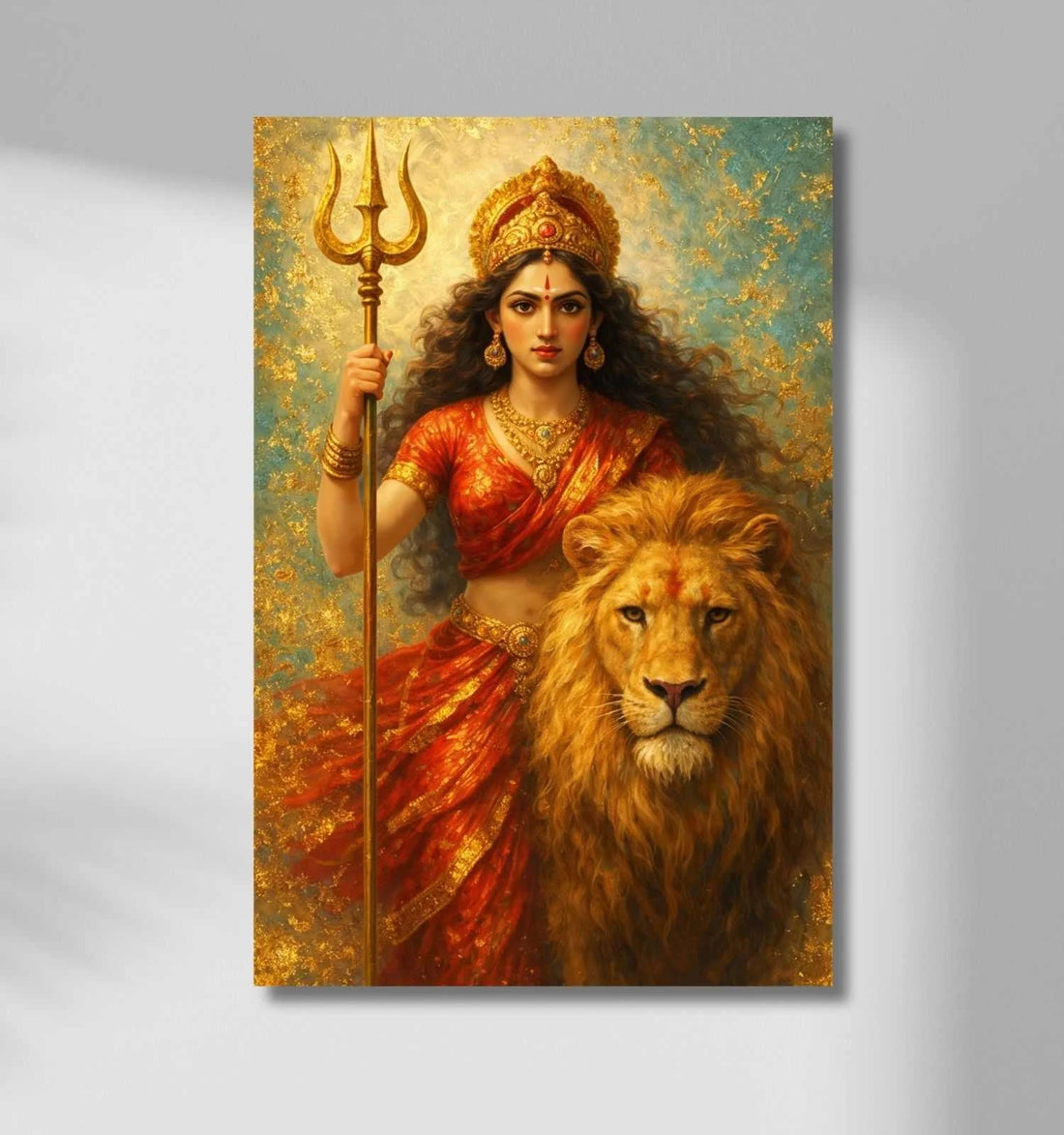 Maa Durga Wall Painting | Powerful Maa Durga Painting with Lion & Trishul | Abstract Durga Painting on Canvas in Red-Blue Aura