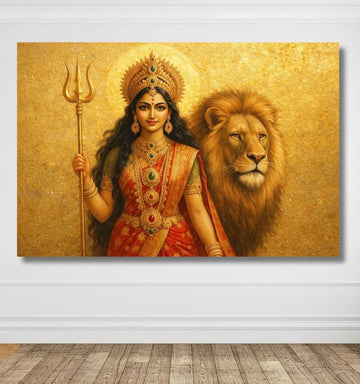 Maa Durga Painting | Divine Red Saree Durga Maa Painting with Trishul & Lion | Abstract Durga Painting