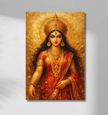 Maa Durga Canvas Painting | Abstract Maa Durga Painting on Canvas in Fiery Orange & Red Tones with Divine Glow | HD Quality Spiritual Artwork for Wall Décor