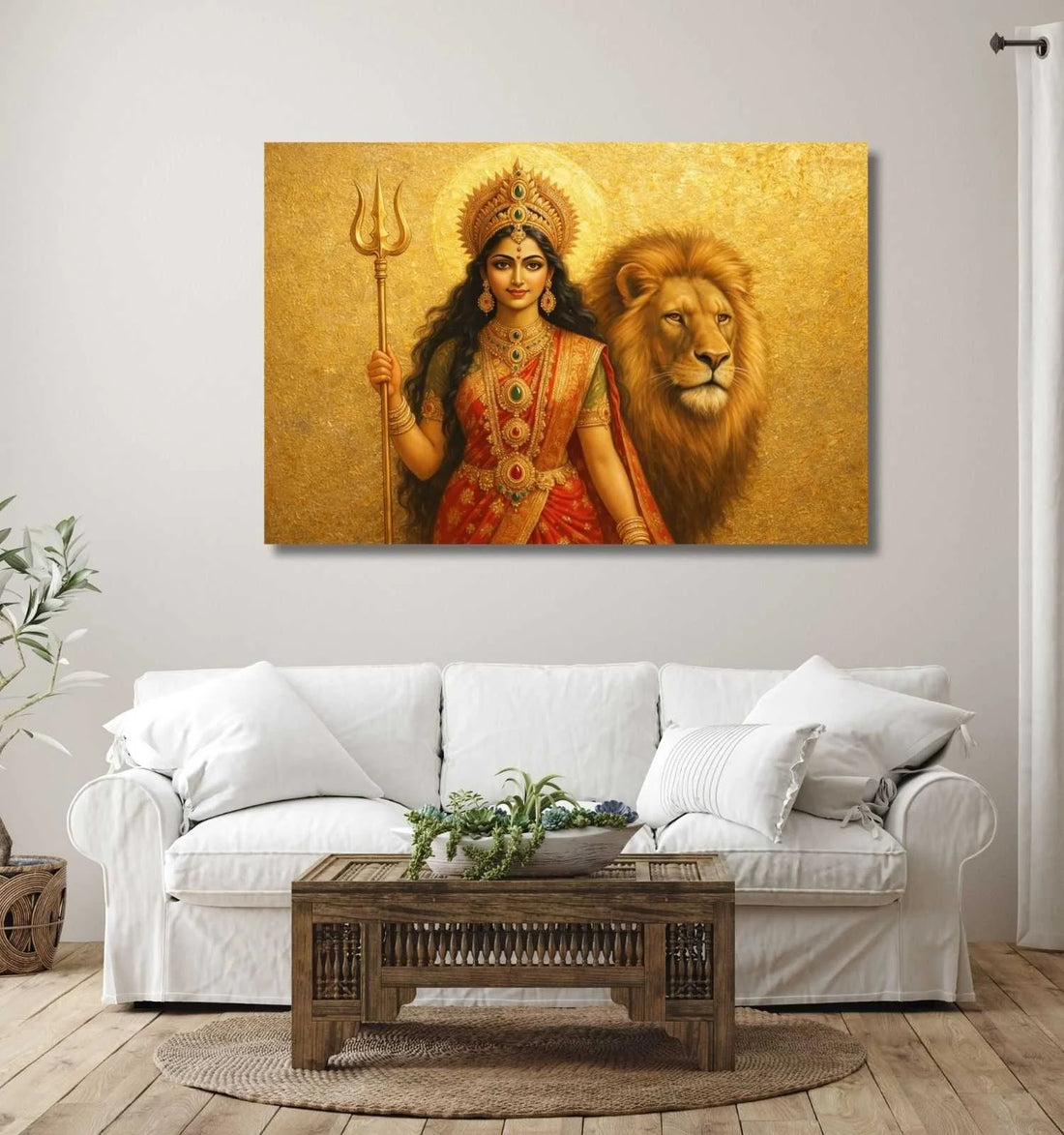 Maa Durga Painting | Divine Red Saree Durga Maa Painting with Trishul & Lion | Abstract Durga Painting