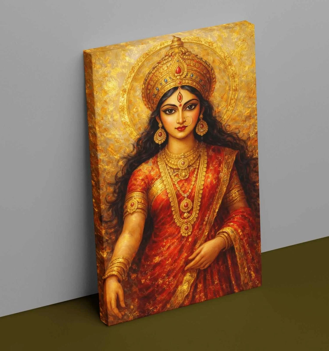 Maa Durga Canvas Painting | Abstract Maa Durga Painting on Canvas in Fiery Orange & Red Tones with Divine Glow | HD Quality Spiritual Artwork for Wall Décor