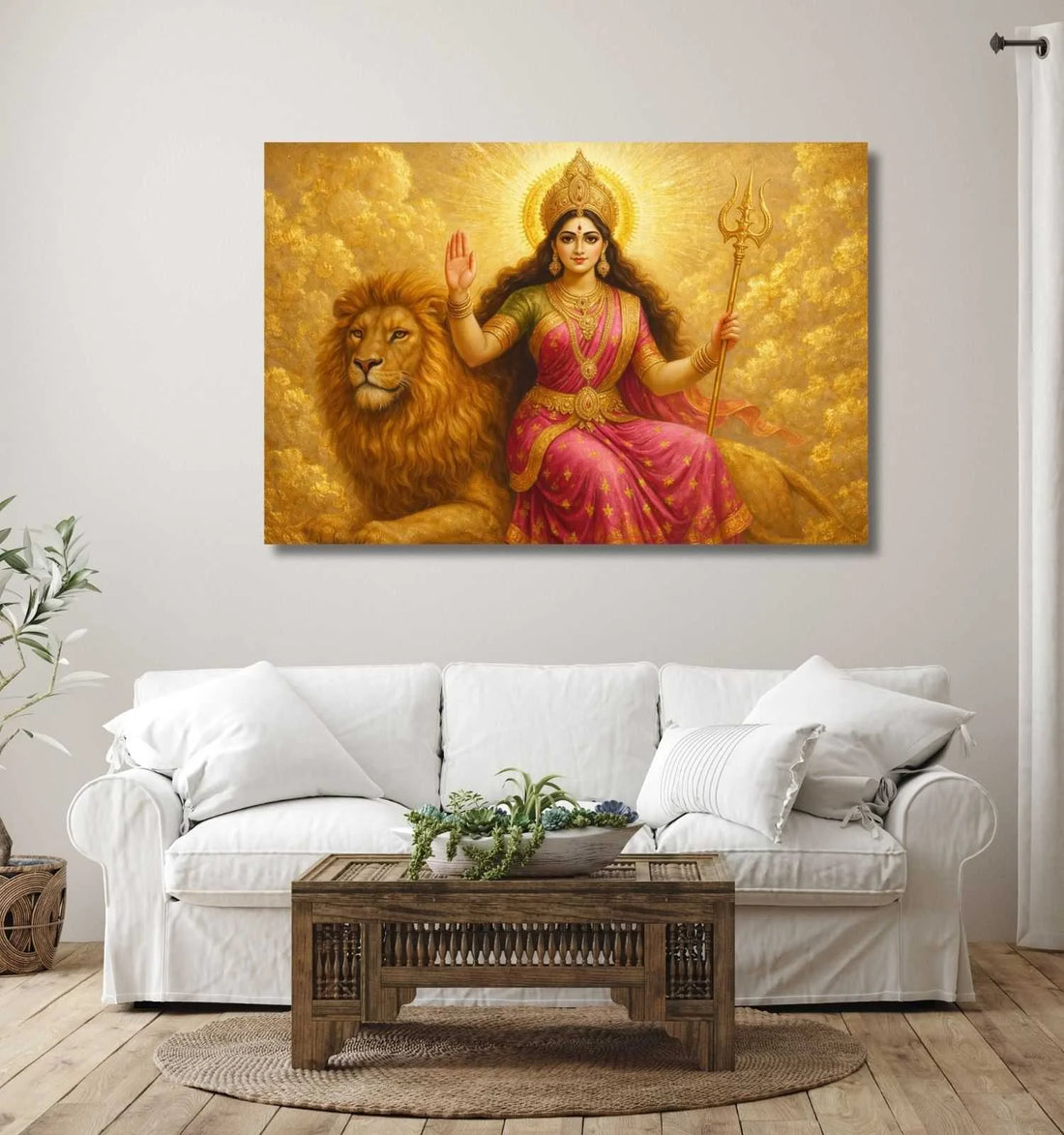 Maa Durga Canvas Painting Wall Art | Abstract Durga Maa Painting on Golden Aura Background for Home Decor