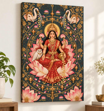 KunjCart Maa Lakshmi Painting | Gaja Lakshmi Wall Art With Pink Lotus, White Elephants & Diyas For Living Room