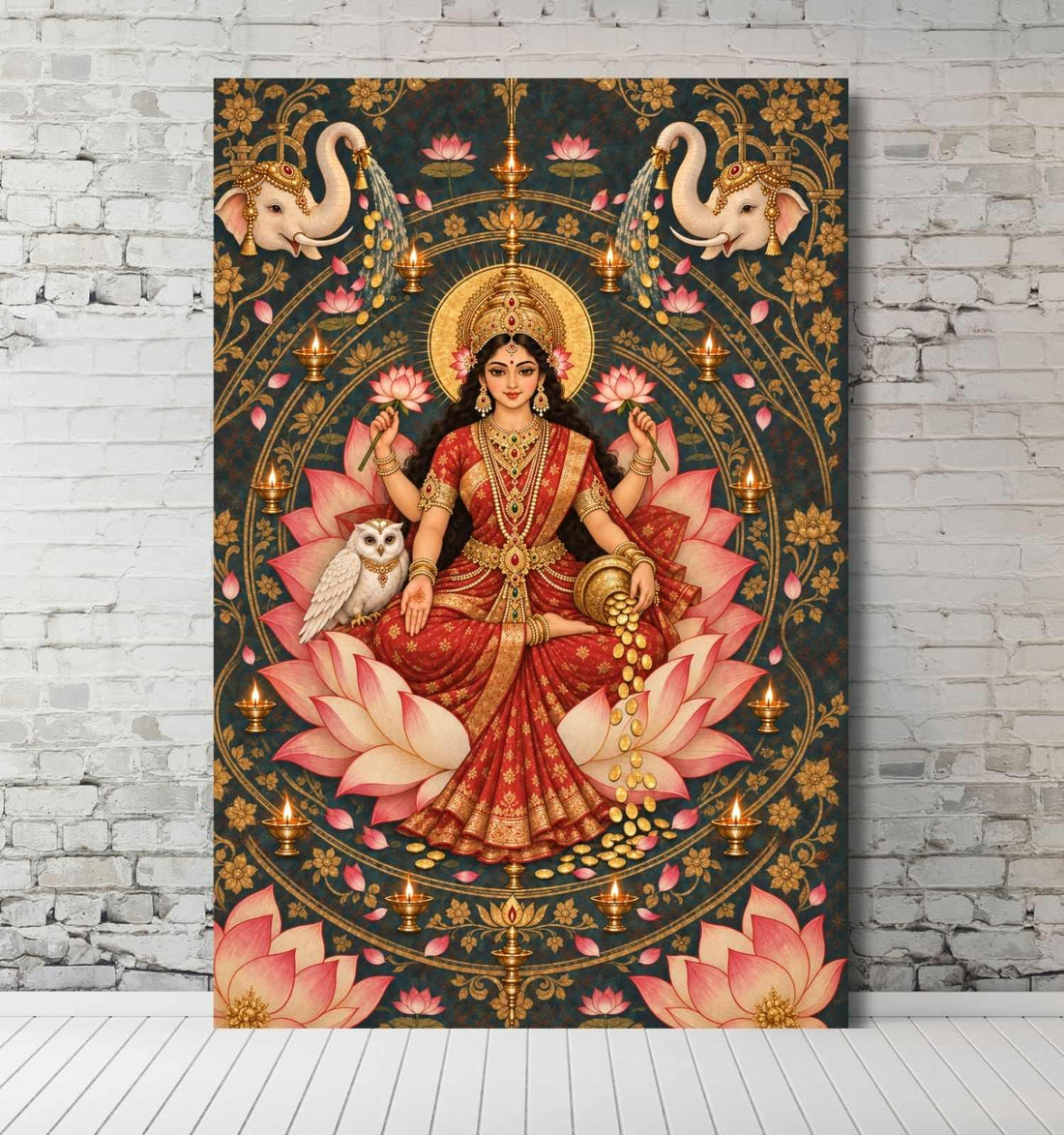 KunjCart Maa Lakshmi Painting | Gaja Lakshmi Wall Art With Pink Lotus, White Elephants & Diyas For Living Room