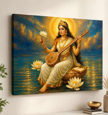 KUNJ CART – Maa Saraswati Abstract Canvas Painting | Elegant Saraswati Devi Artwork for Home & Office Wall Decoration