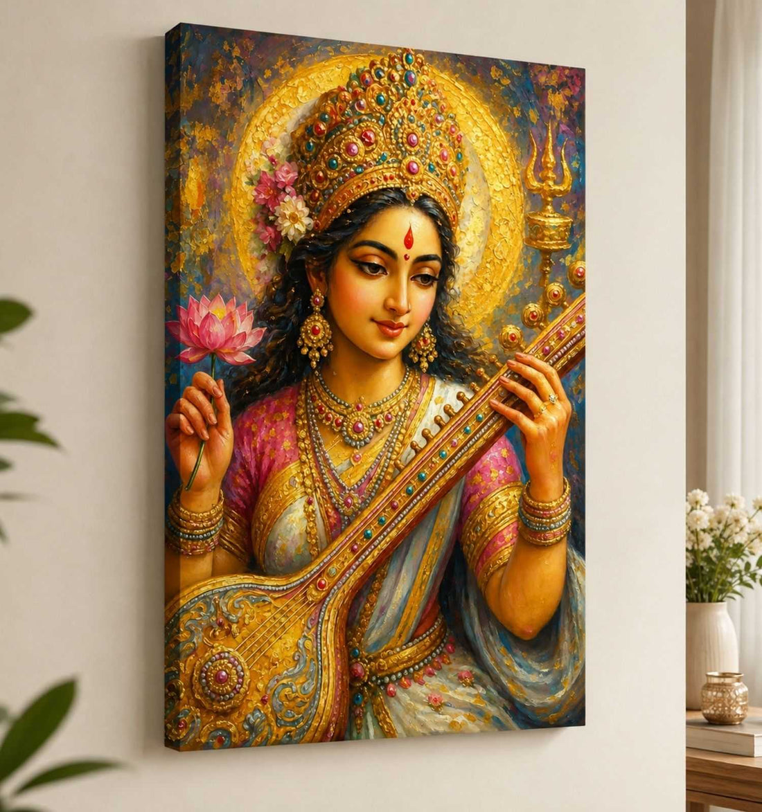 Saraswati Devi Painting on Canvas | Modern Goddess Saraswati Artwork with Lotus & Veena | HD Bright Colors
