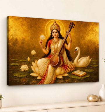 Modern Saraswati Painting On Canvas With Lotus & Swan | Divine Goddess Saraswati Devi Painting For Wall Decor