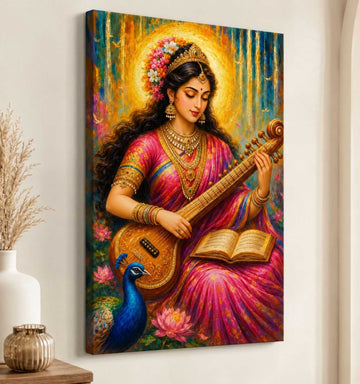 Goddess Saraswati Painting on Canvas | HD Modern Art with Peacock & Veena | Saraswati Devi Wall Decor