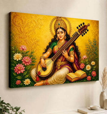 KUNJ CART – Maa Saraswati Abstract Painting on Canvas | Divine Goddess Saraswati Painting with Veena, Book and Lotus Flowers