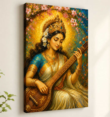 Modern Saraswati Painting on Canvas | Goddess Saraswati Art with Veena & Floral Halo | HD Bright Colors