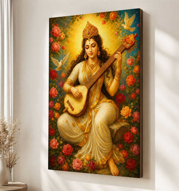 Saraswati Abstract Painting on Canvas | Modern Goddess Saraswati Artwork with Dove & Roses | HD Wall Art