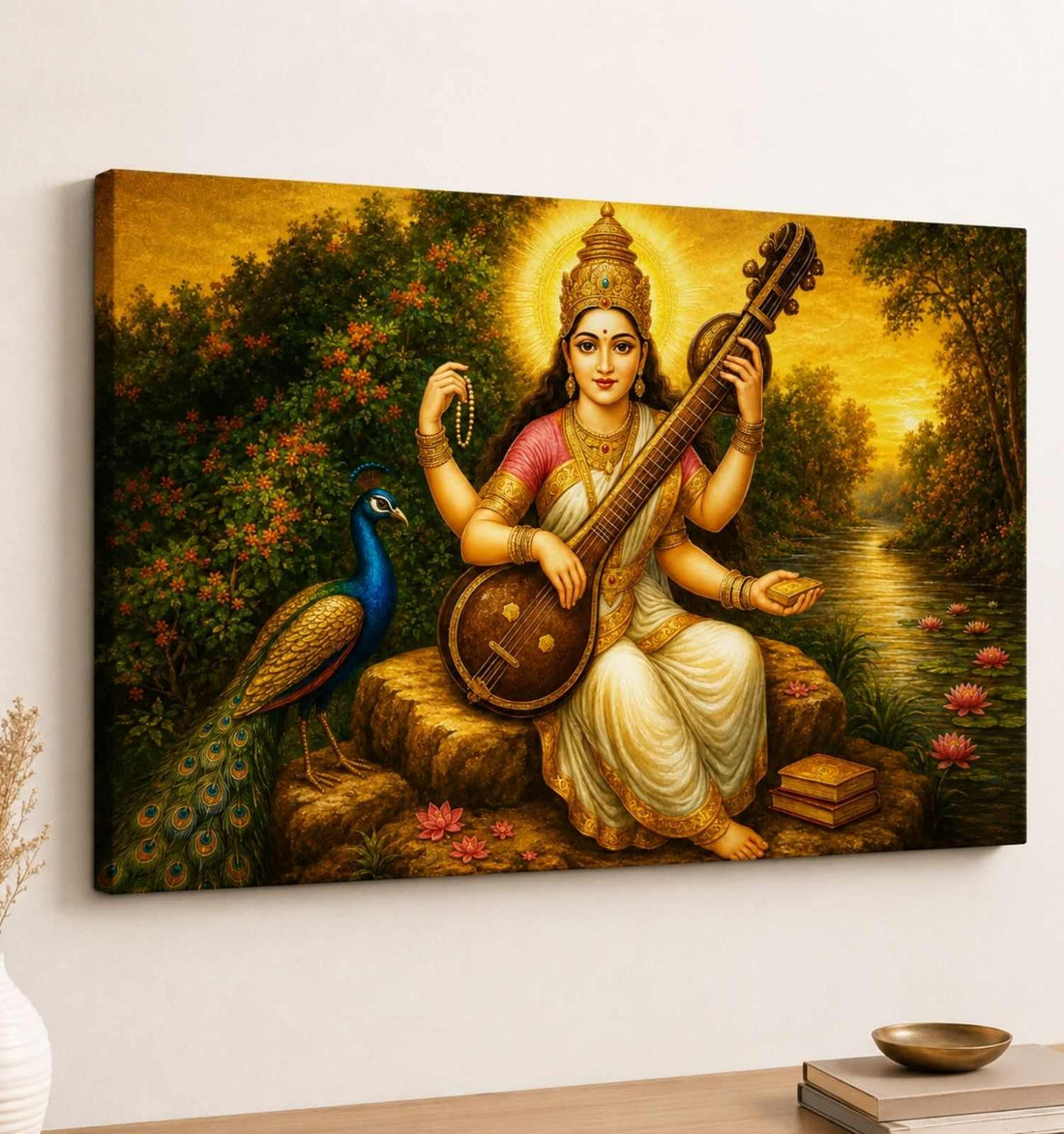 Modern Art Saraswati Painting | Goddess Saraswati Devi with Veena, Peacock & Golden Aura Wall Art Painting for Home & Office