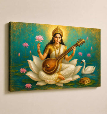 Kunj Cart – Maa Saraswati Abstract Painting | Goddess Saraswati Canvas Painting with Veena, Lotus & Swan