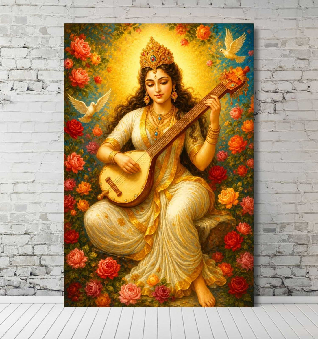 Saraswati Abstract Painting on Canvas | Modern Goddess Saraswati Artwork with Dove & Roses | HD Wall Art