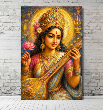 Saraswati Devi Painting on Canvas | Modern Goddess Saraswati Artwork with Lotus & Veena | HD Bright Colors