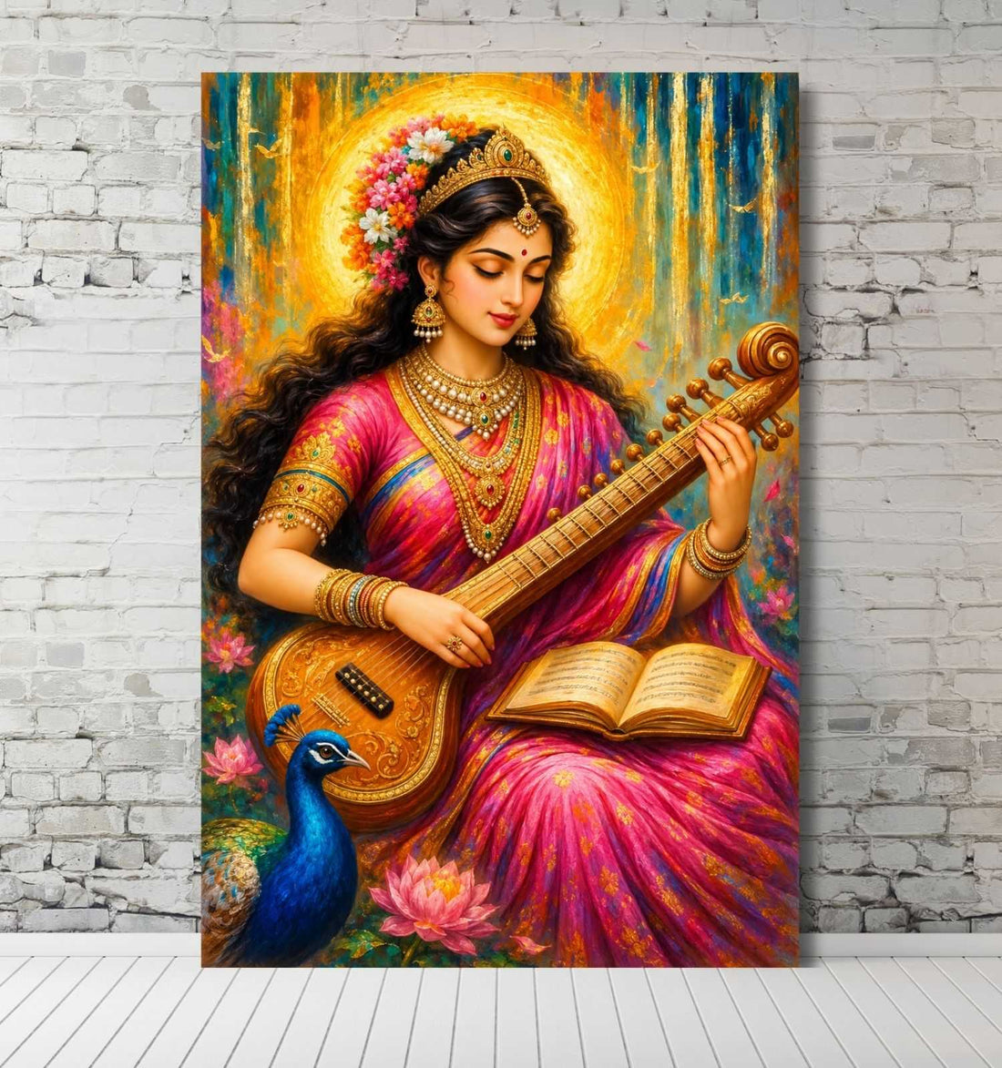 Goddess Saraswati Painting on Canvas | HD Modern Art with Peacock & Veena | Saraswati Devi Wall Decor
