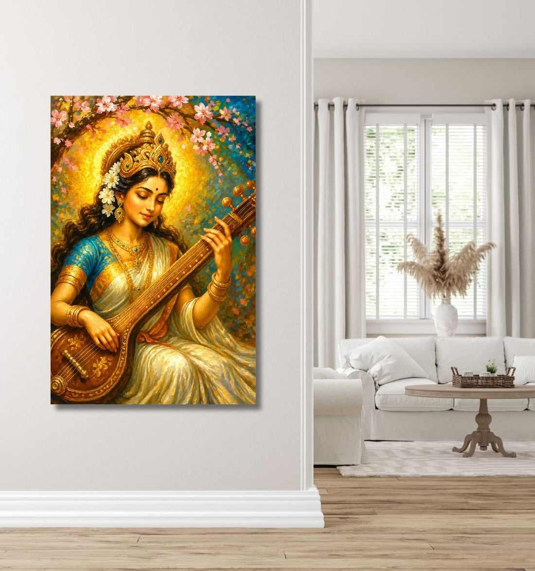 Modern Saraswati Painting on Canvas | Goddess Saraswati Art with Veena & Floral Halo | HD Bright Colors