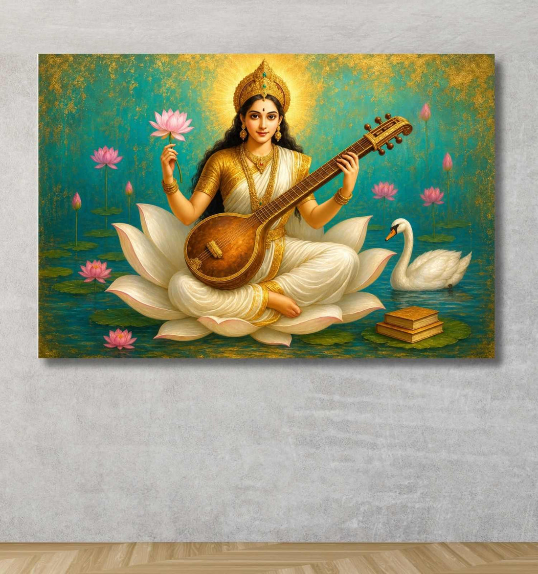 Kunj Cart – Maa Saraswati Abstract Painting | Goddess Saraswati Canvas Painting with Veena, Lotus & Swan