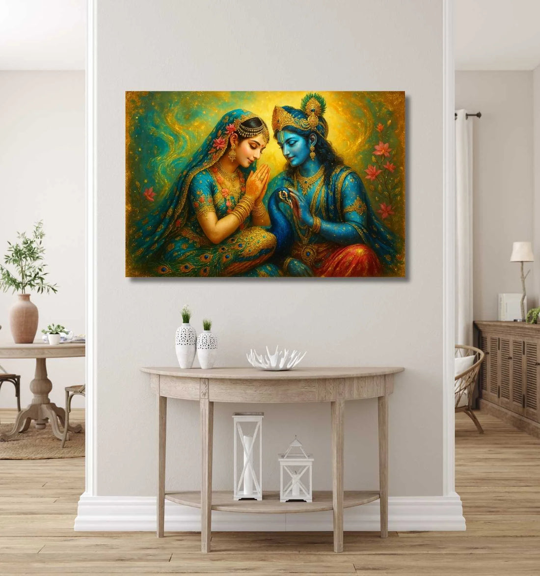 Kunj Cart – Beautiful Radha Krishna Painting | Romantic Radha Krishna Painting with Peacock and Floral Theme | HD Canvas Art in Bright Blue & Golden Tones