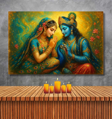 Kunj Cart – Beautiful Radha Krishna Painting | Romantic Radha Krishna Painting with Peacock and Floral Theme | HD Canvas Art in Bright Blue & Golden Tones