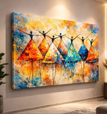 Modern Art Canvas Wall Painting For Living Room | Dancing Women Sunset Field Artwork – Colorful Modern Art Canvas Painting | KunjCart