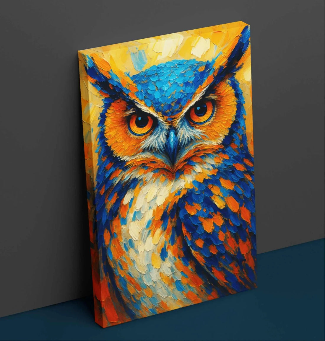 KUNJ CART – Blue & Orange Owl Painting on Canvas | White Owl Painting Vastu | Night Owl Wall Art by KunjCart
