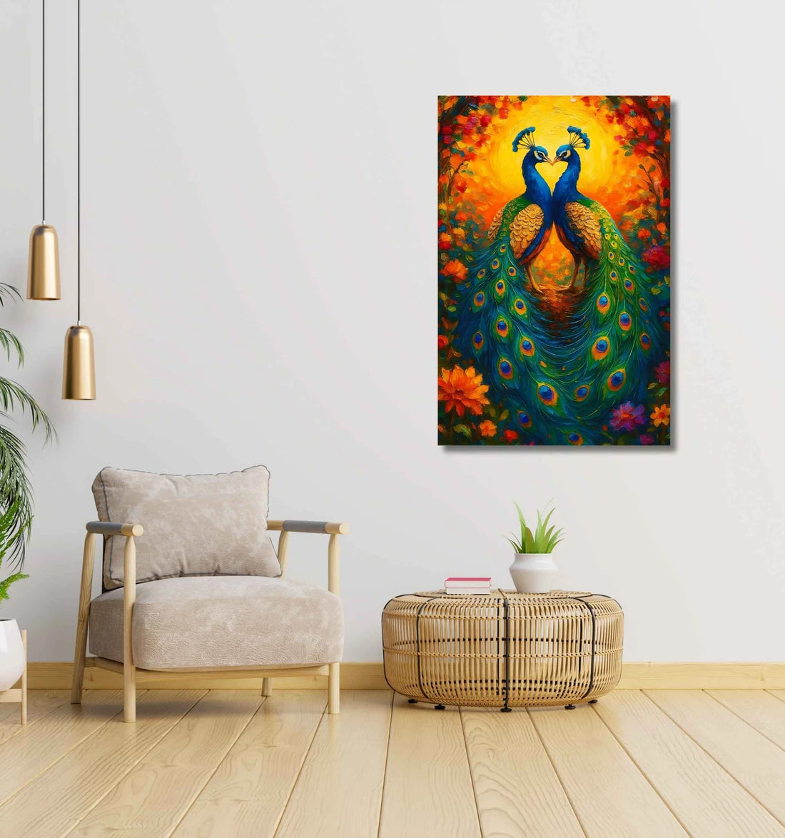 Twin Peacock Painting For Wall Vastu | HD Canvas Art With Colorful Feathers & Sunset Background | Dancing Peacock Painting | Framed & Custom Size