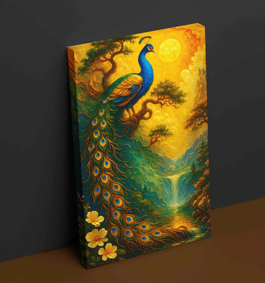 Peacock Painting For Wall Vastu | HD Canvas Art With Golden Sun, Waterfall & Yellow Flowers | Dancing Peacock Painting | Custom Size & Frame Options