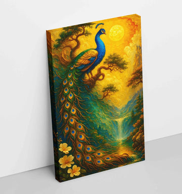 Peacock Painting For Wall Vastu | HD Canvas Art With Golden Sun, Waterfall & Yellow Flowers | Dancing Peacock Painting | Custom Size & Frame Options