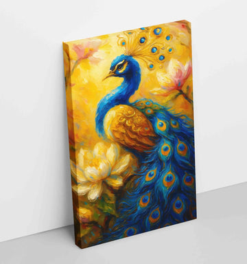 KunjCart Peacock Painting For Wall Vastu | HD Canvas With Yellow-Golden Background, Blooming Lotus & Dancing Peacock | Peacock Canvas Painting For Home Decor