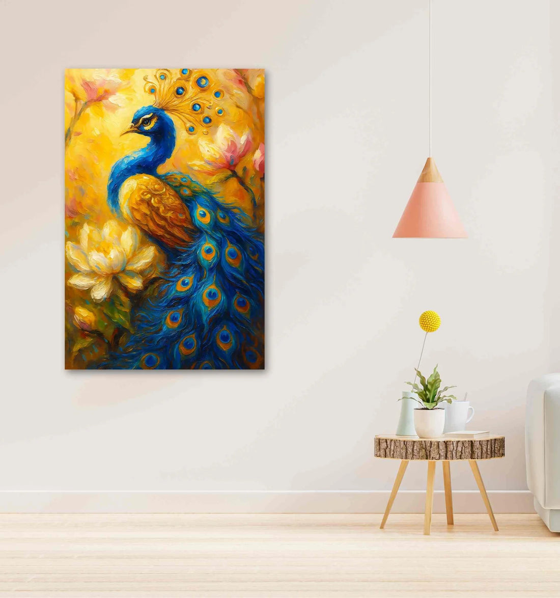 KunjCart Peacock Painting For Wall Vastu | HD Canvas With Yellow-Golden Background, Blooming Lotus & Dancing Peacock | Peacock Canvas Painting For Home Decor