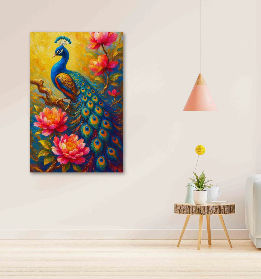 Peacock Painting For Wall Vastu | Bright Peacock Canvas Painting with Lotus Flowers & Yellow Background | HD Print Artwork For Home & Office