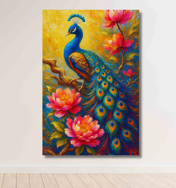 Peacock Painting For Wall Vastu | Bright Peacock Canvas Painting with Lotus Flowers & Yellow Background | HD Print Artwork For Home & Office
